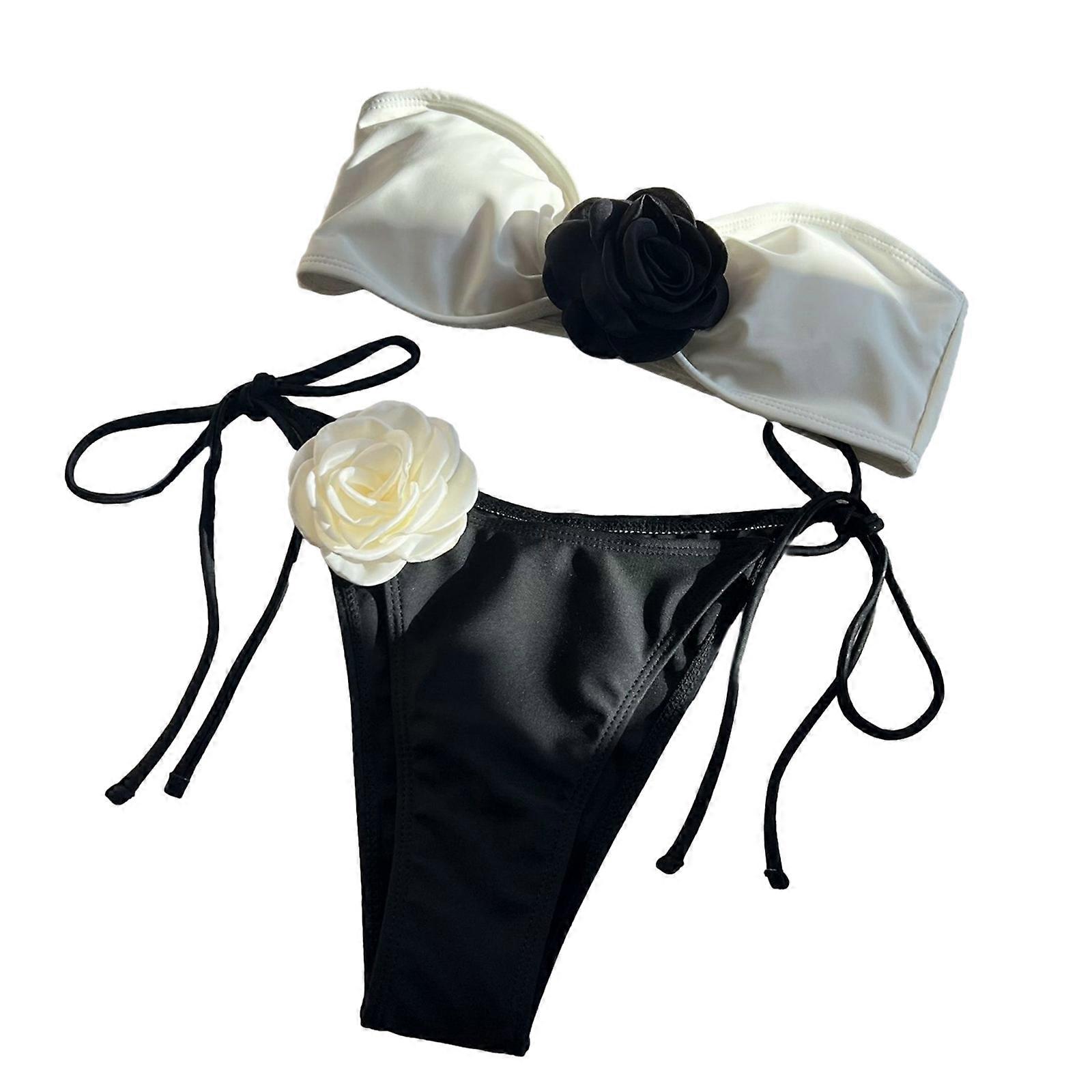 3D Flower Bandeau Swimsuit for Women Lace Up Swimwear 2 Piece Strapless Bikinis High Cut Bathing Suit Beachwear  White S