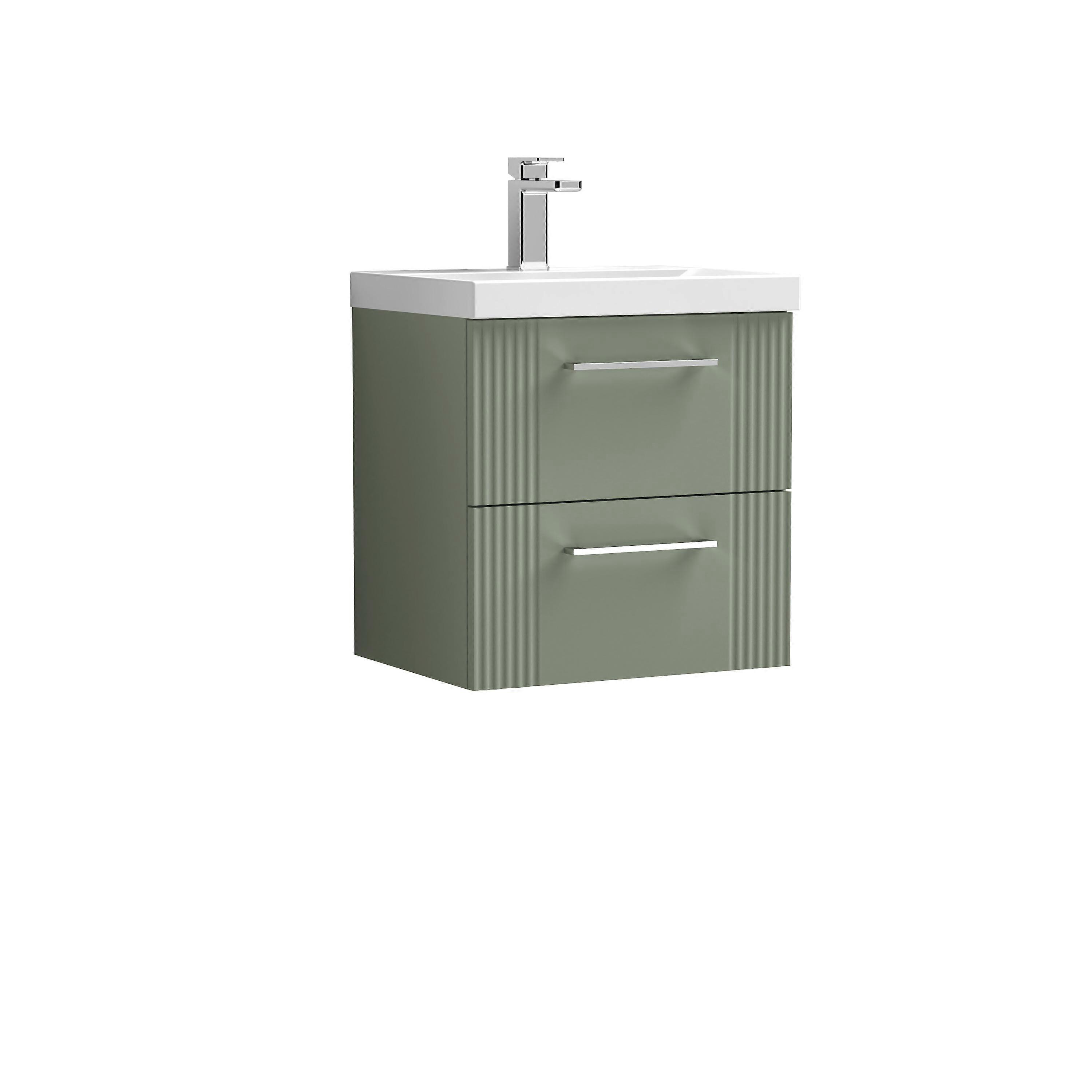 Partial Fluted 2 Drawer Wall Hung Vanity Unit with 1 Tap Hole Thin-Edge Basin- 500mm - Satin Green  Faucet