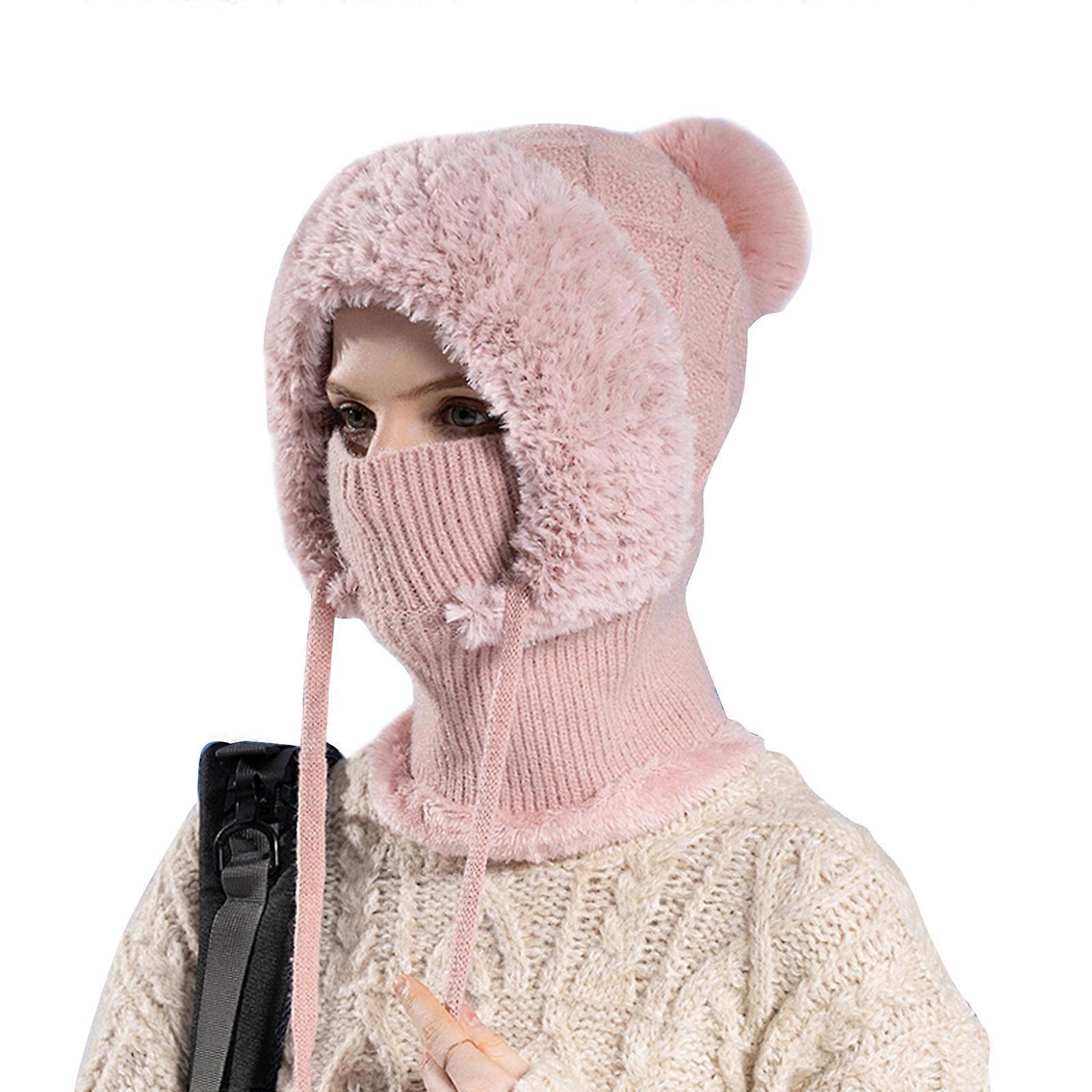 Women\'s Pink Winter Hat Warm Hooded Scarf Hat Balaclava Knit Skull Beanie Winter Hat Scarf Combo ZLYC Knitted Balaclava Beanie Hat  main image 3