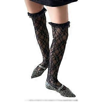 Medias Japonesas De Rejilla Hasta El Muslo Para Mujer Niña Patrón De Flores Encaje Escalonado Ribete Con Volantes Sobre La Rodilla Calcetines Largos Blanco