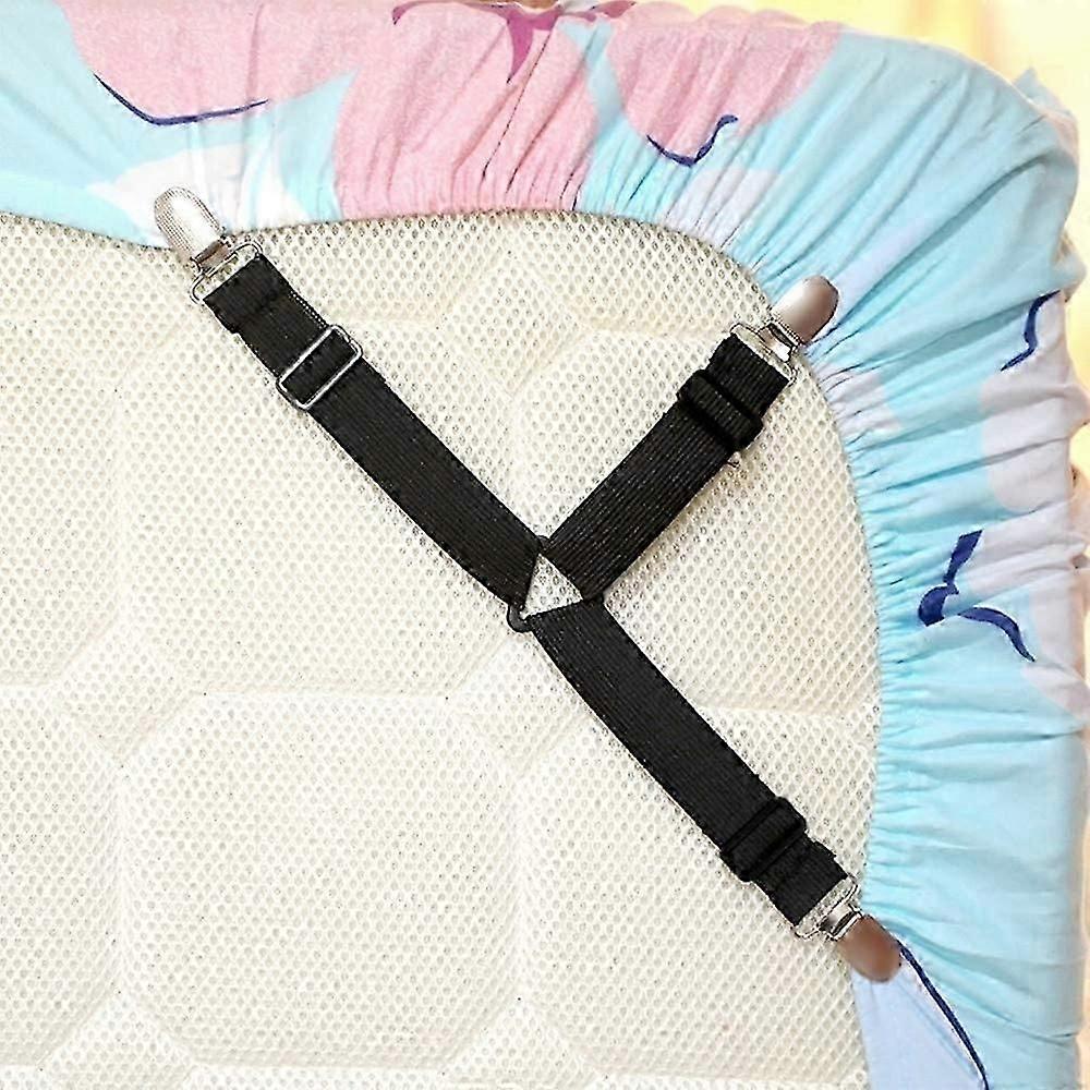 4 Pieces Bed Sheet Straps Triangle Fitted Sheet Clips Elastic Mattress Clip Adjustable Sheet Stretcher Suspenders Mattress Strap(Black)
