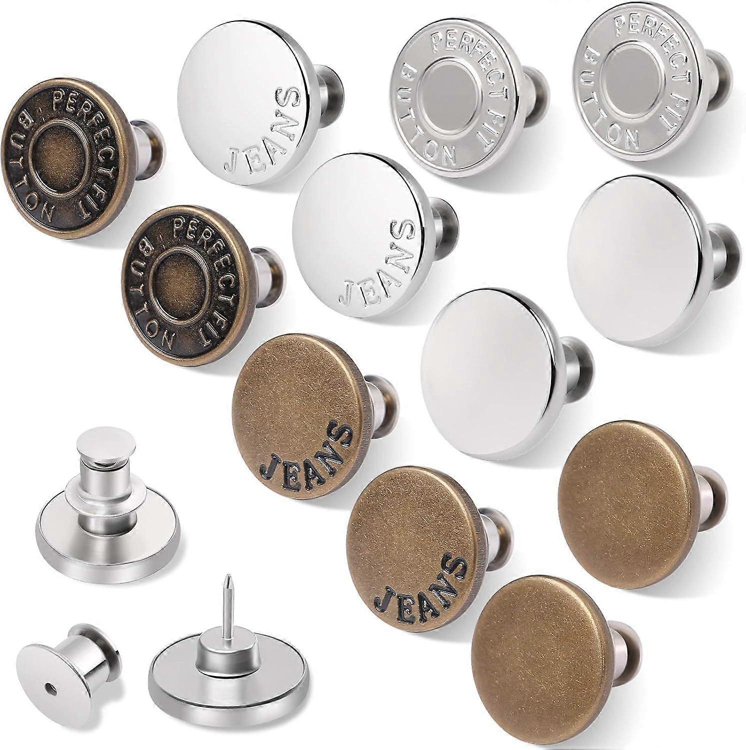 12 Sets Button Pins for Loose Jeans, No Sew and No Tools Instant Replacement Snap Tack Pant Button, Reusable and Adjustable Metal Pants Button Tighten