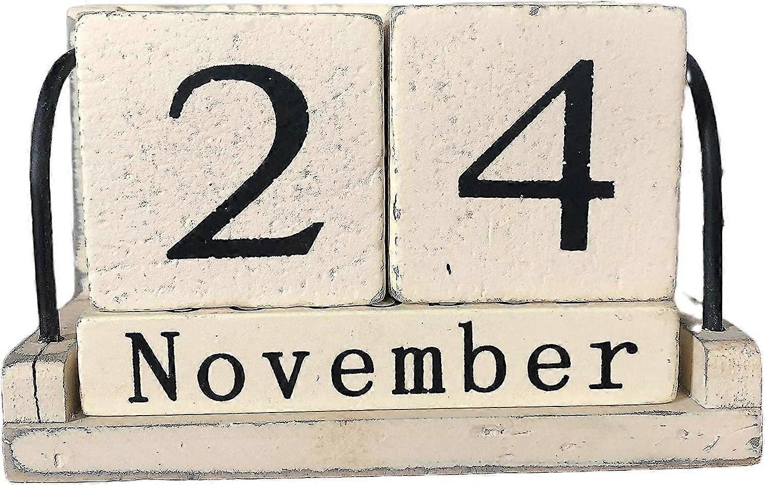 Vintage Wooden Block Calendar - Perpetual Date & Month Display for Home & Office, Elegant Design in White & Beige
