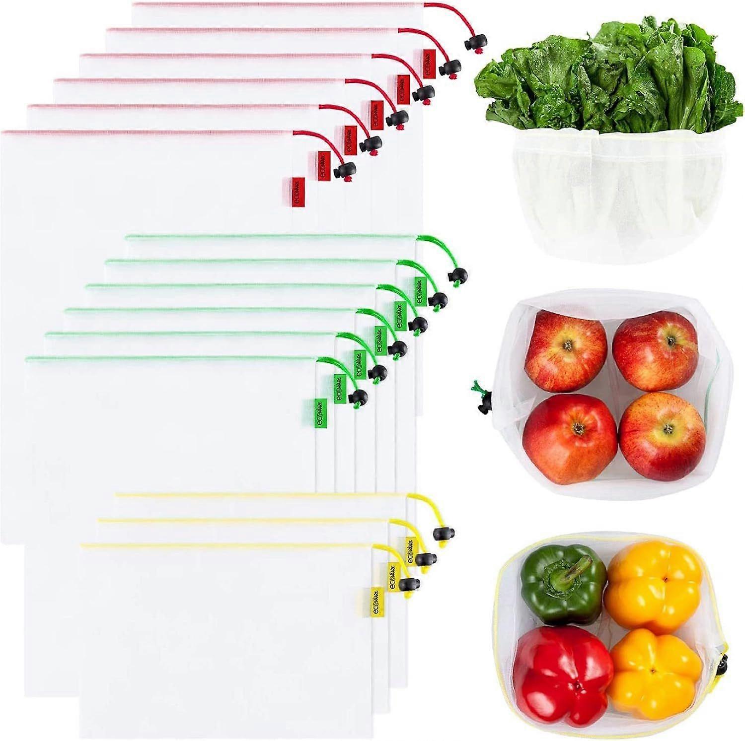 Set of 15 Reusable Mesh Produce Bags - Eco-Friendly - Washable and Clear - Comes with Colorful Tare Labels - 3 Sizes