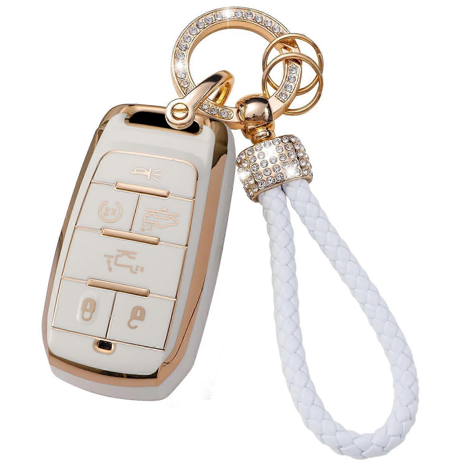 Key Fob Cover with Keychain T Key Case Full Protection Fit for Jeep White Type B6 Buttonwhite
