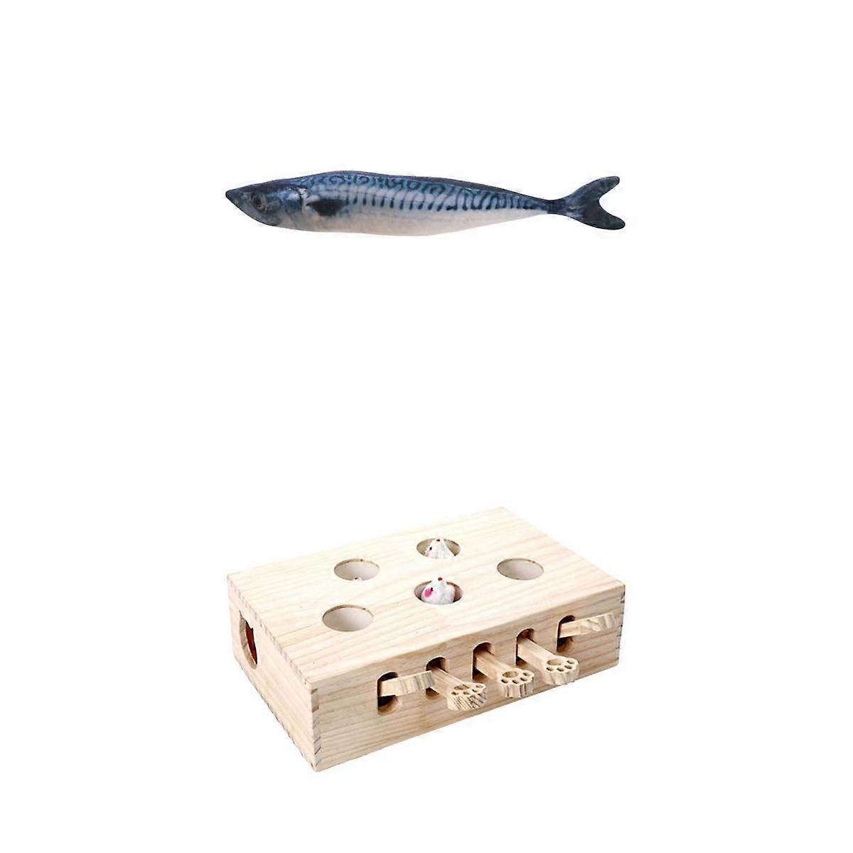 Cat Tease Punch Interactive Toys Wood Whack Mouse Puzzle Box with Fish