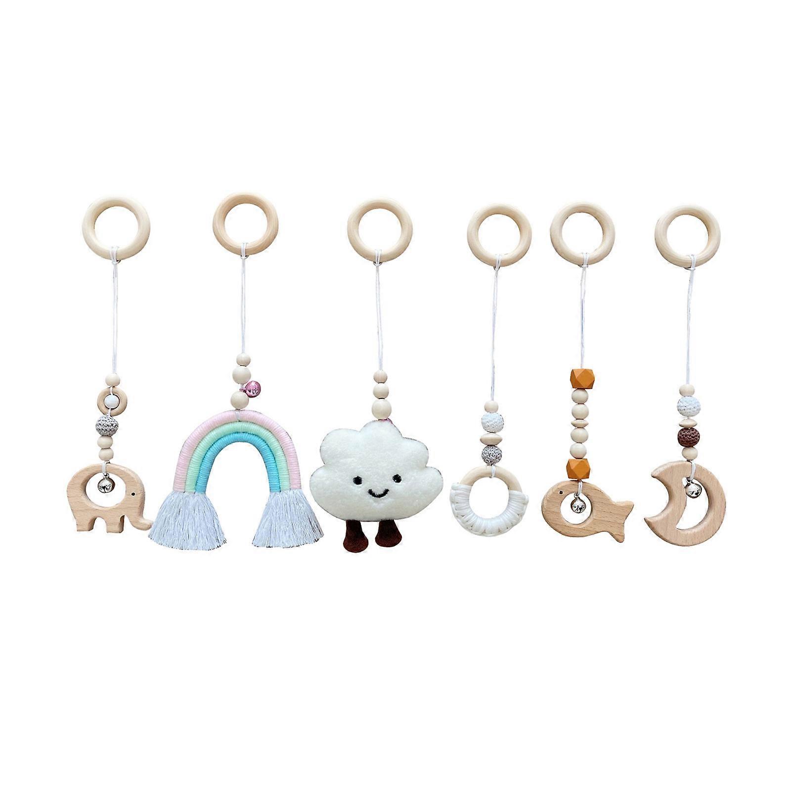 6Pcs/set Baby Hanging Rattle Toy Babys Gym Game Pendants Wood Rattle Teether Chewable Sensory Nursery Multicolor