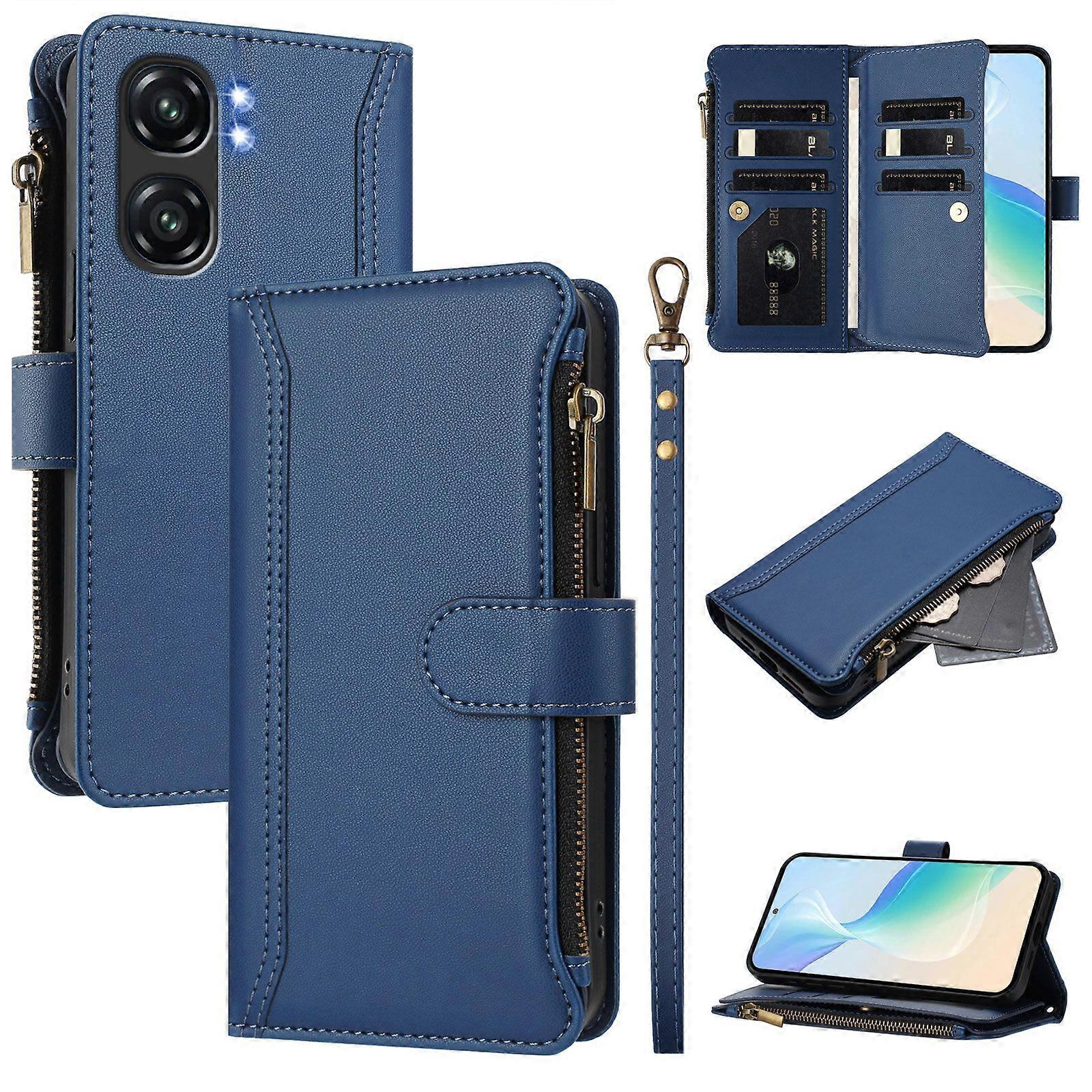 Case for Oukitel C58/C58 Pro Premium Leather Zipper Pocket Wallet Phone Case with 9 Card Slots and Detachable Wrist Strap