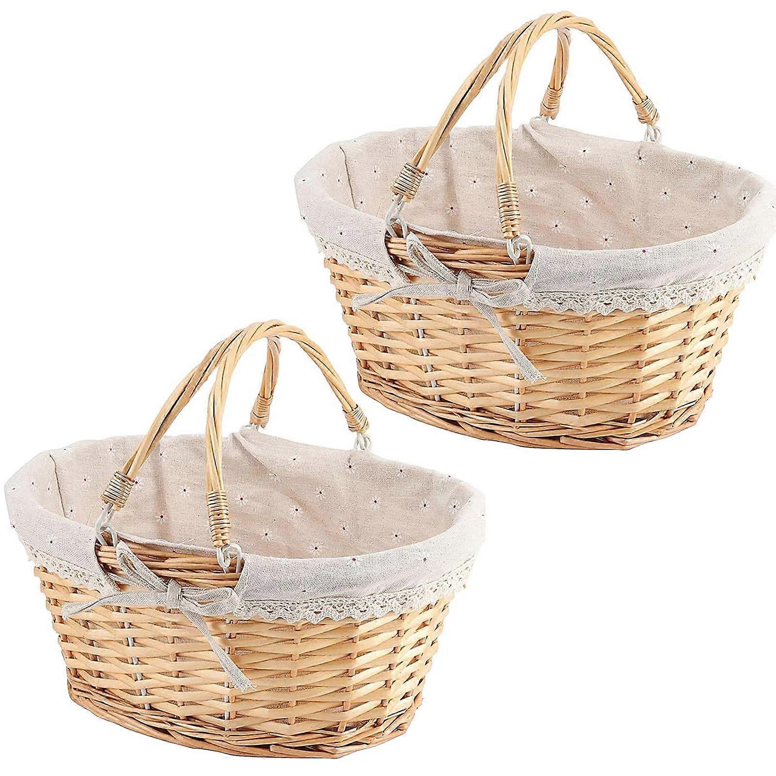 Pack of 2 Wicker Picnic Baskets, Handwoven, 33 x 23 x 12 cm, with Folding Handle, Gift Basket