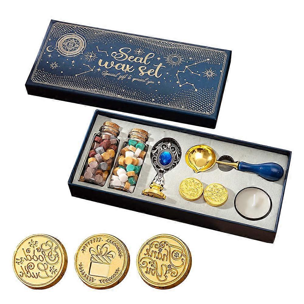 Wax seal Kit Vintage with 2 stamp heads, handle, spoon, candles and beads for letters invitation packaging (BLUE)