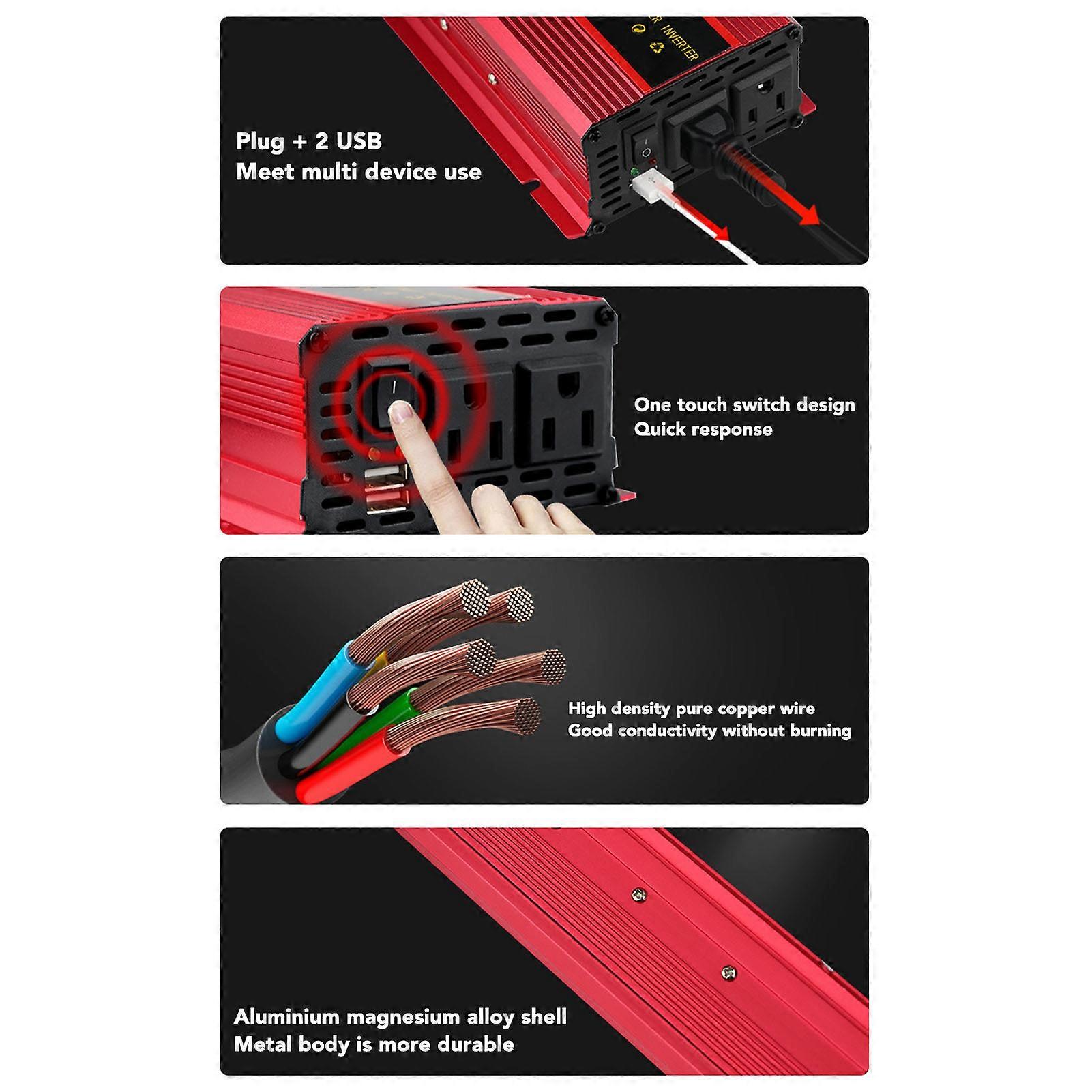 Car Inverter Red LCD Display Multifunctional Protection 4000w 12v 24v to Inverter for Vehicles