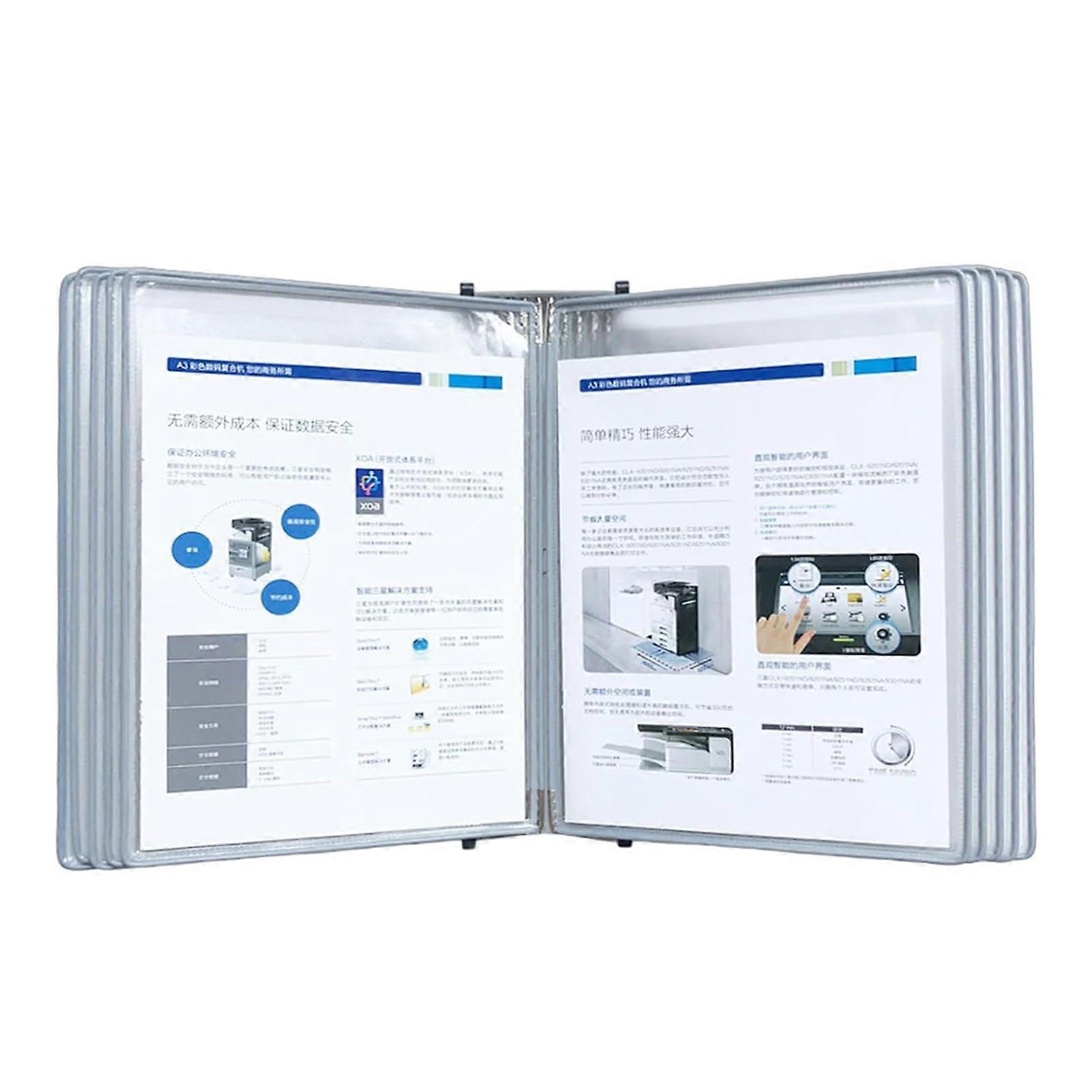 Wallmounted desk reference system, metal folding presentation folder, 20 pockets, gray.