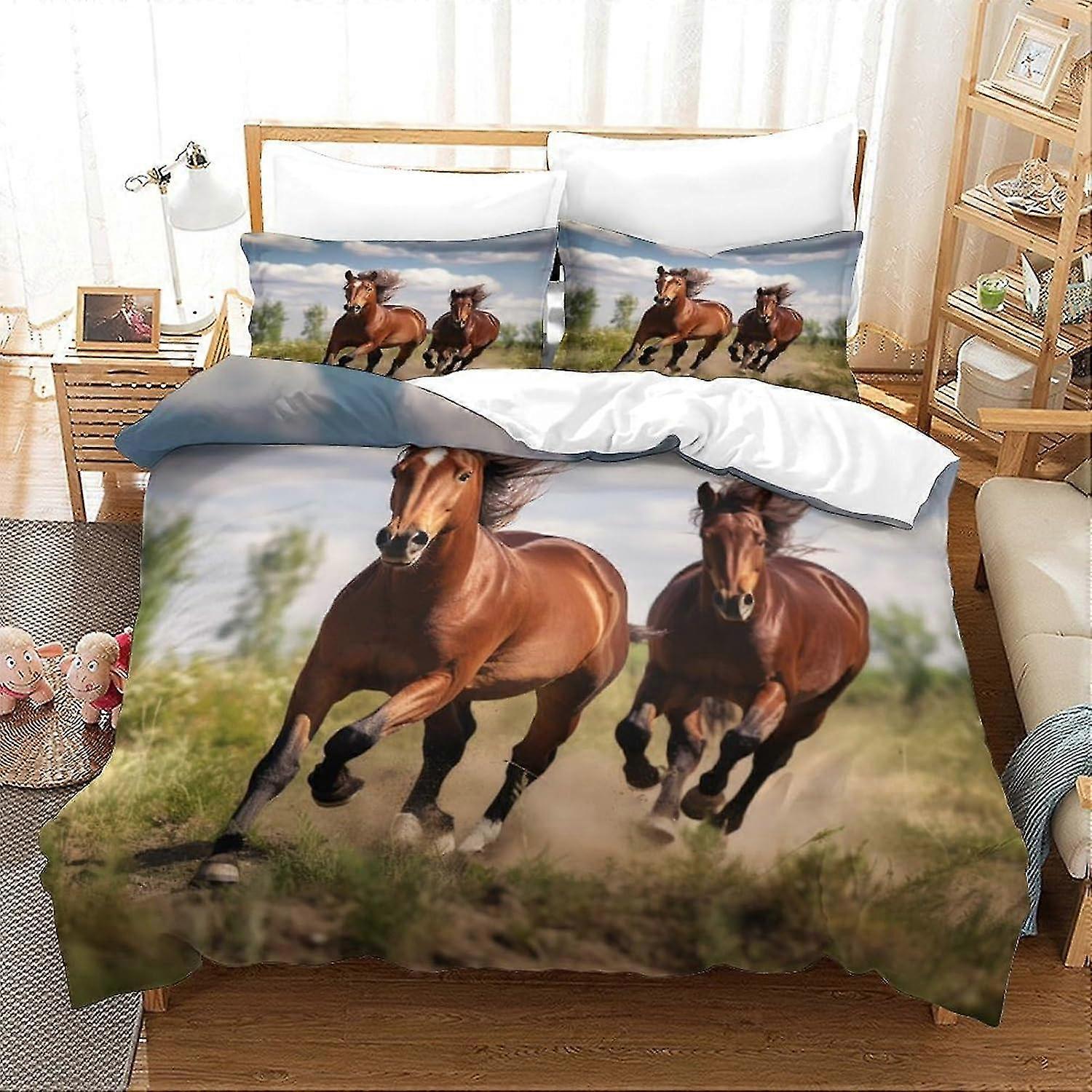 Horse Duvet Cover Set Bedding for Kids Tree Branches Comforter Cover Mare Quilt Cover with Pillowcases Double