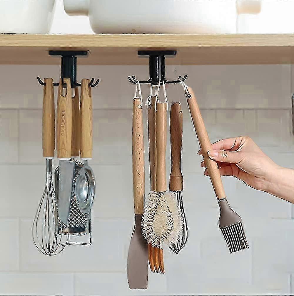 2pcs Under Cabinet Kitchen Utensil Hooks, 360 Rotating Utensil Rack, Drilling Free Adhesive Hanging Rack for Kitchen (Black)