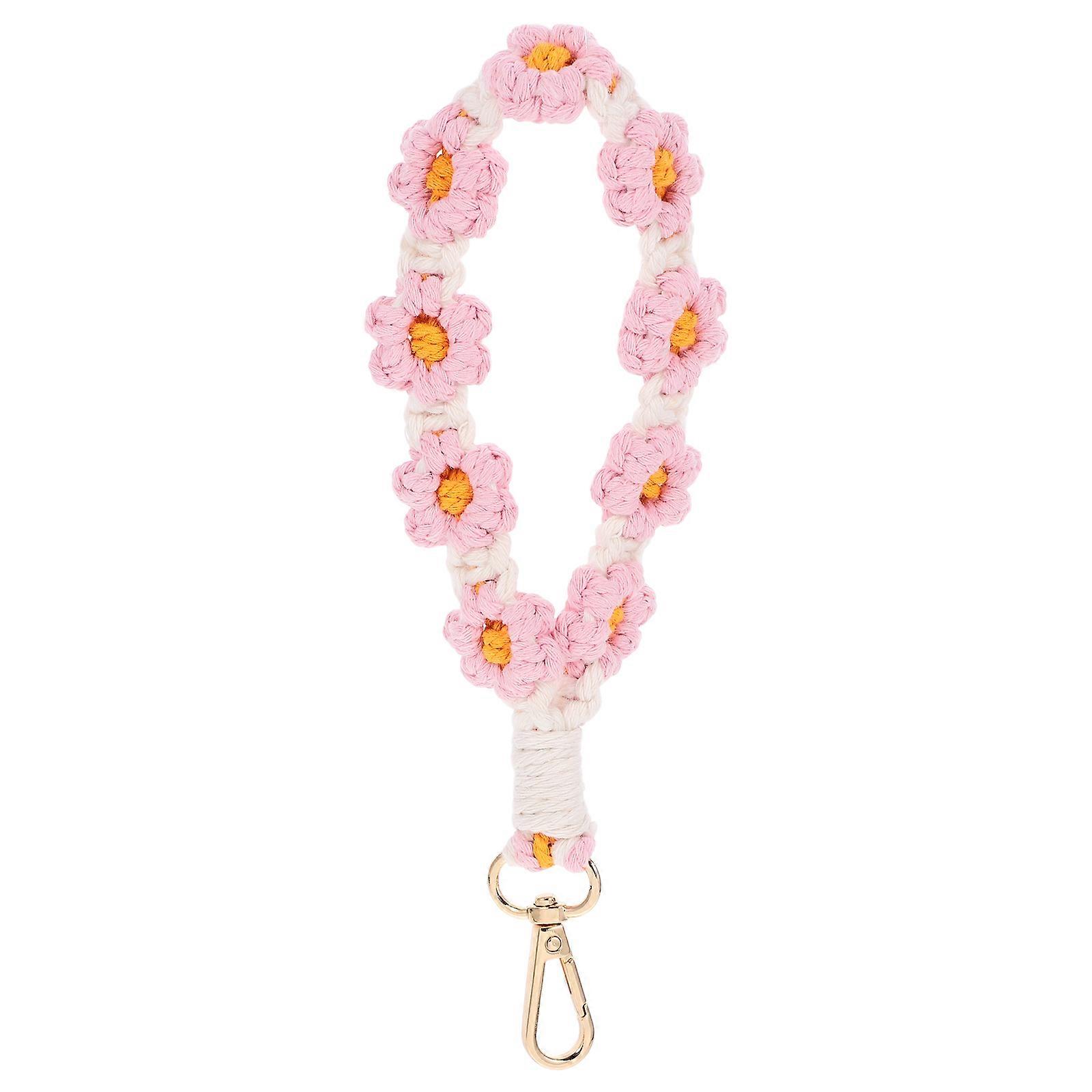 Boho Keychain Wristlet Flower Braided Wrist Hanging Rope For Women Pink Daisy Weave Cotton Rope Key Organizer 1Pack