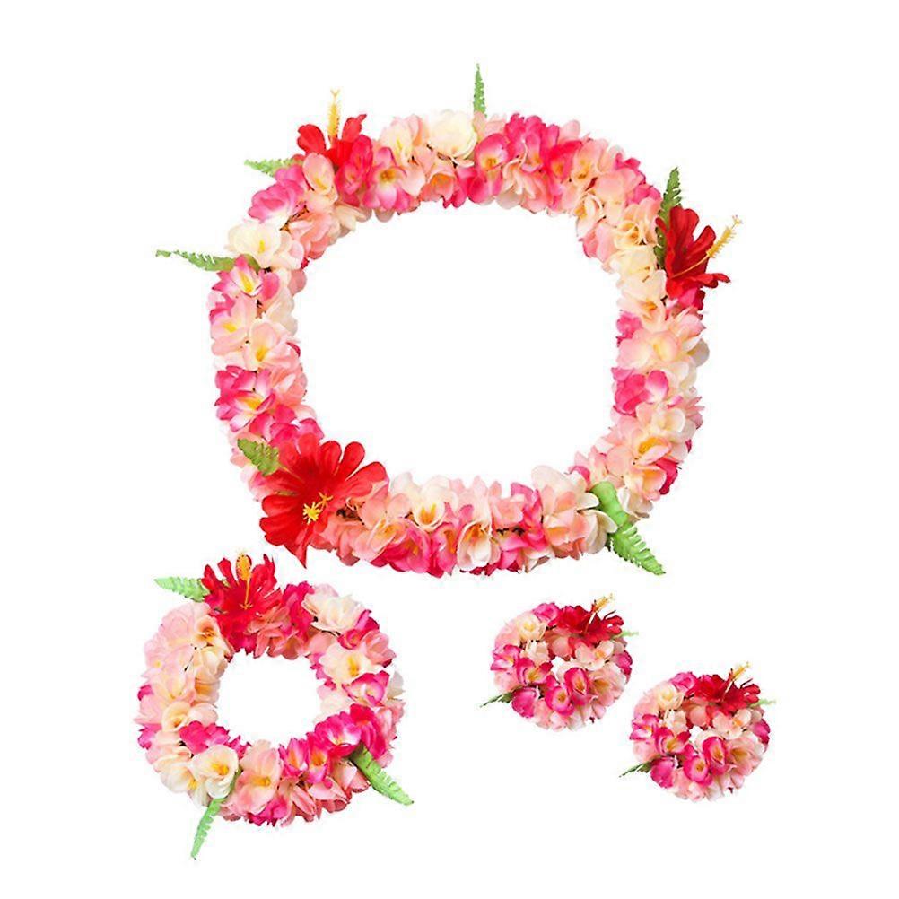 4pcs in 1 Set Hawaiian Leis Party Thicken Garland Artificial Flower Leaves Headband Lifelike Neck Loop Bracelet Simulate Tropical Beach Luau Party Fan