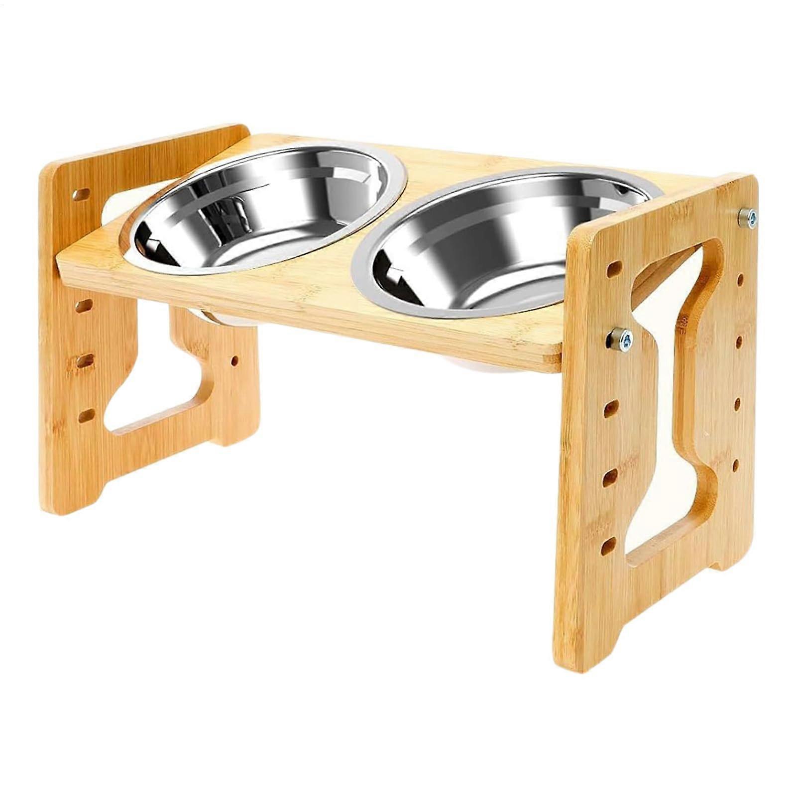 Raised Dog Bowl Height Adjustable, Wooden Inclined Stand, Double Feeder For Slow Ergonomic Feeding, Eating And Drinking