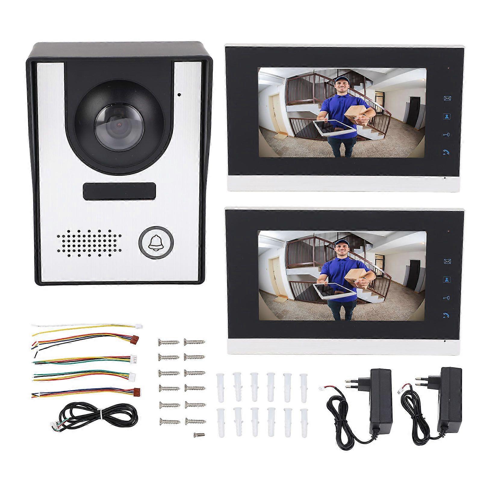 Wired Video Doorbell System Infrared Night Vision Remote Unlock Video Doorbell Camera with 2pcs 7 Inch Screen for Villa Apartment EU Plug AC100-240V