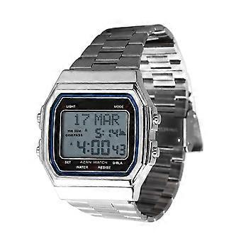 25-26 Men Muslim Digital Watch Prayer Reminder Strainless Streel Strap Waterproof Multi Functional Watch Silver Case White Body