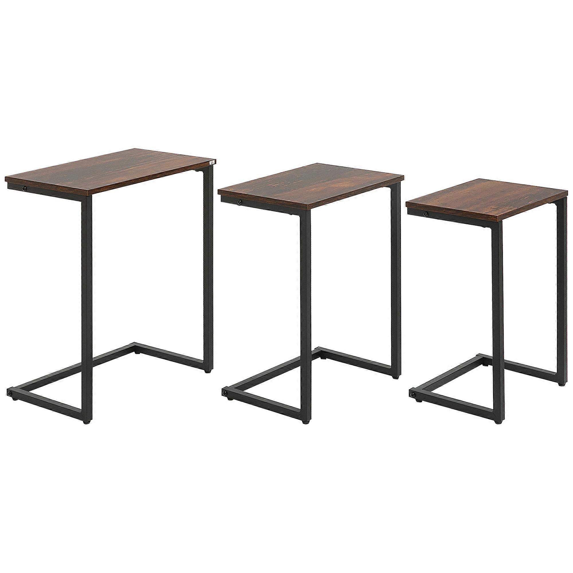 3Pc Rustic Brown Industrial C-Shaped Accent Table Set