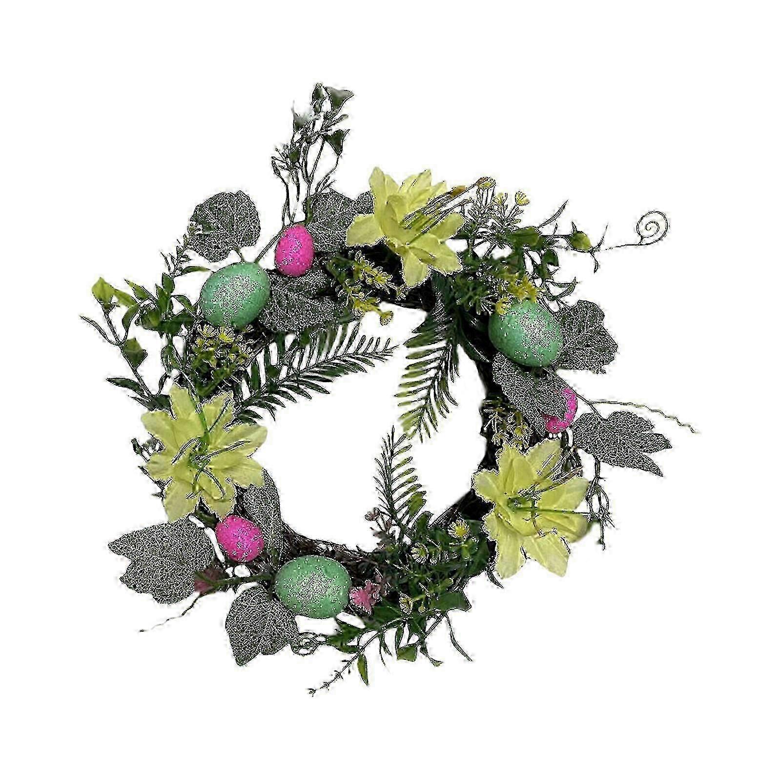 Artificial Easter Wreath Simulated Bird Egg Garland Spring Easter Colorful Green Leaf Wreath For Front Door With Easter Decorations