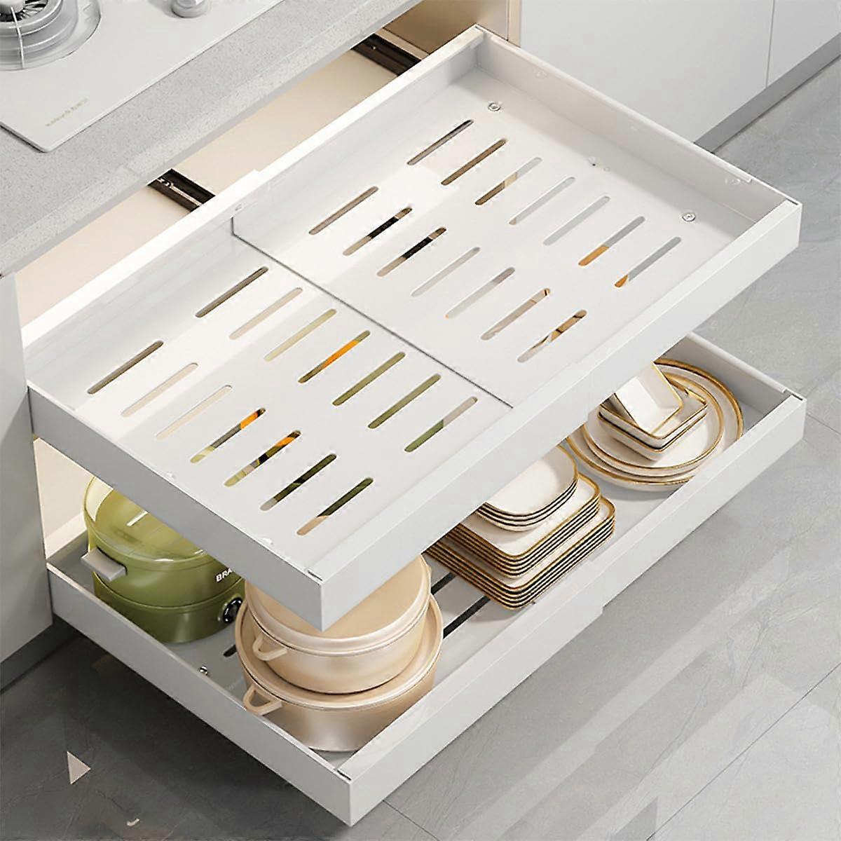 Expandable Kitchen Cabinet Organizer White PullOut Drawer 3250 Cm Width 43 Cm Deep Adjustable Pantry Storage 2Pack