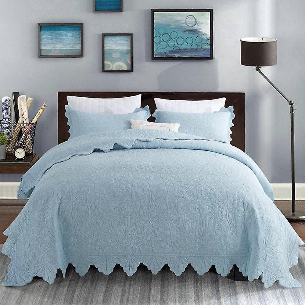 Quilted Bedspread Set 100% Cotton King Size Comforter Blue 3-Piece Bedding with 2 Pillowcases 250x270 cm