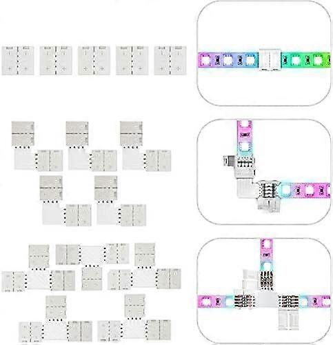 Light Strip Connectors, 4 Pin RGB 10mm Solderless Connector Kit for SMD 5050/3528 Multicolor LED Strips Includes 5X Gapless Line, L, T Shape Connector