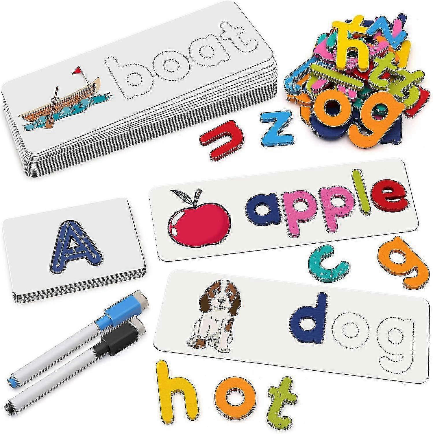 w Reading & Spelling Learning Toy, Wooden Flash Cards Sight Matching Alphabet Recognition Game Preschool Educational Tool Set For 3-5 Ye