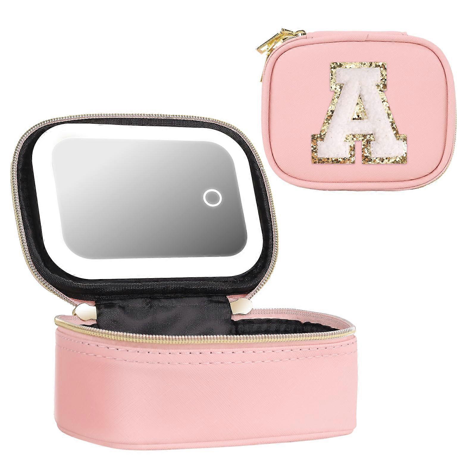 Makeup Bag with LED Mirror, Custom Initial, Waterproof Leather, Travel Cosmetic Organizer