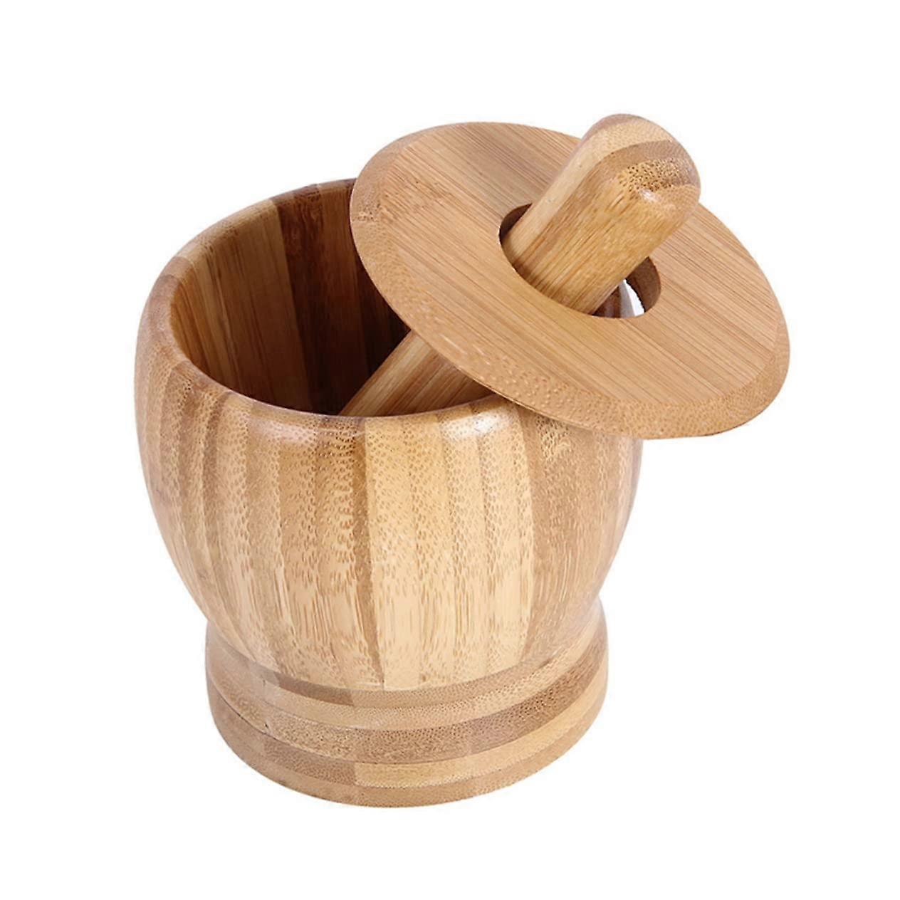 Bamboo Garlic Press and Mortar Pestle Set for Spices and Herbs with NonSlip Base