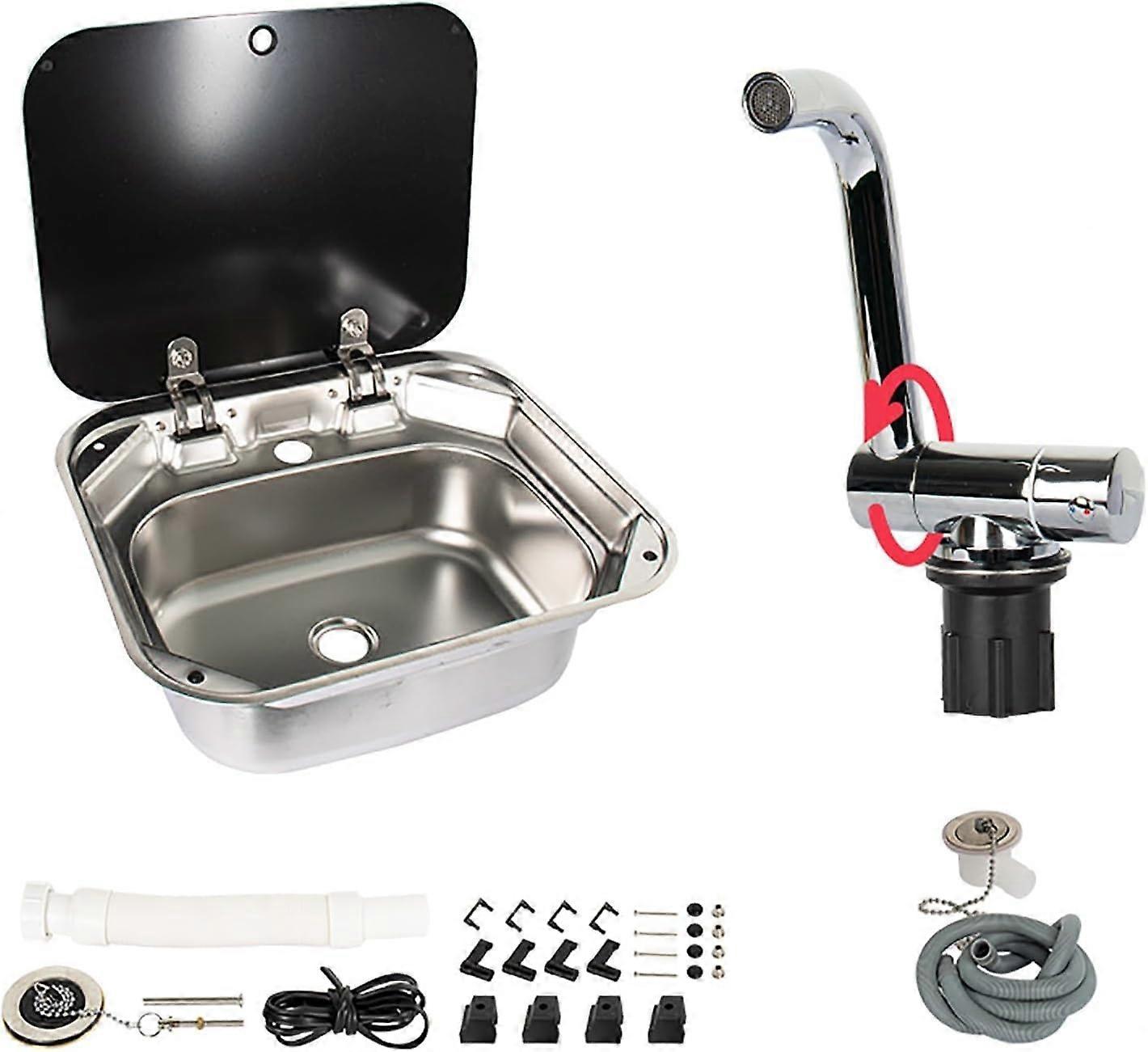 Stainless Steel RV Sink with Foldable Hot Cold Faucet and Tempered Glass Lid for Camper Kitchen