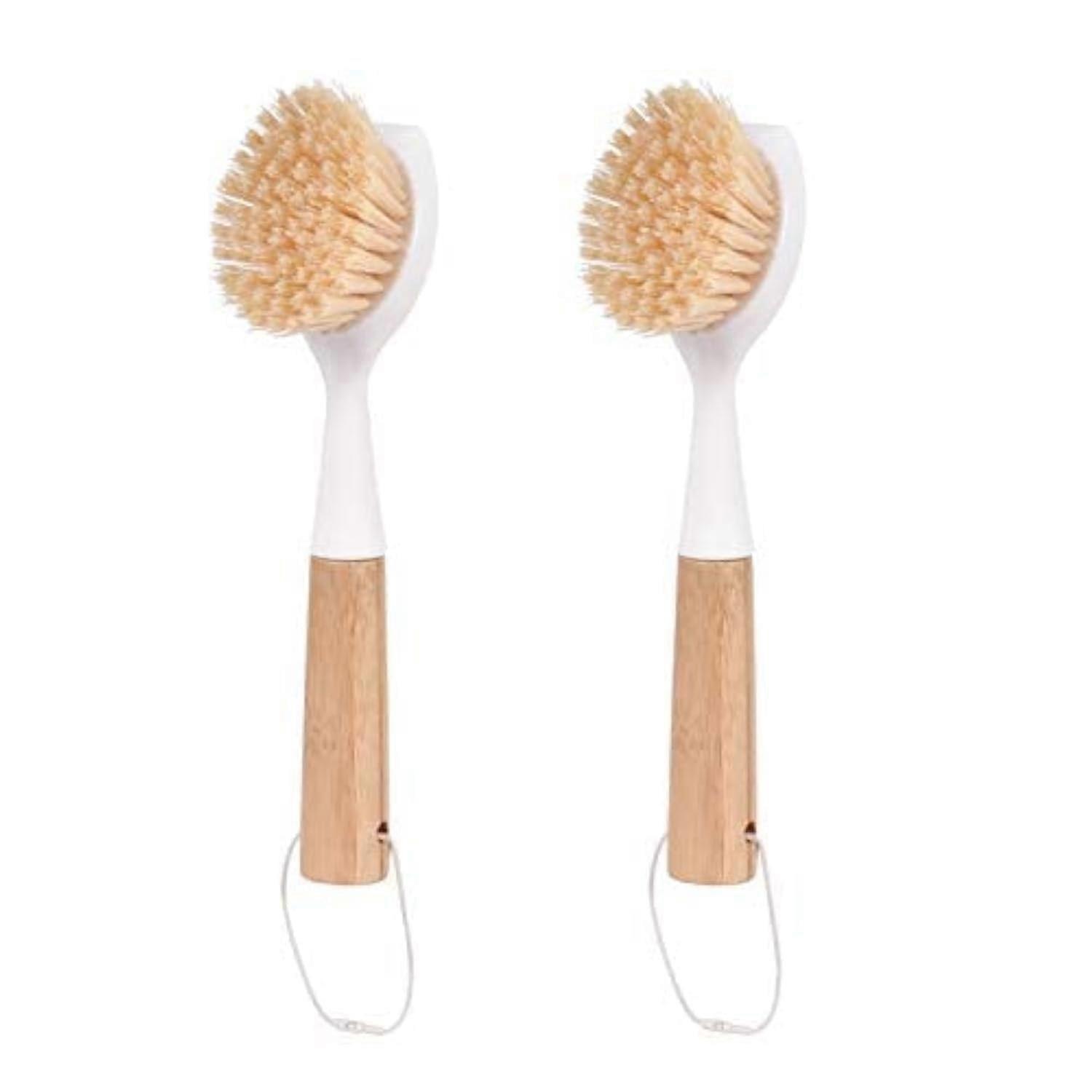 Bamboo Dish Brush Set 2 Pack with Ergonomic Handle for NonScratch Pot and Pan Cleaning