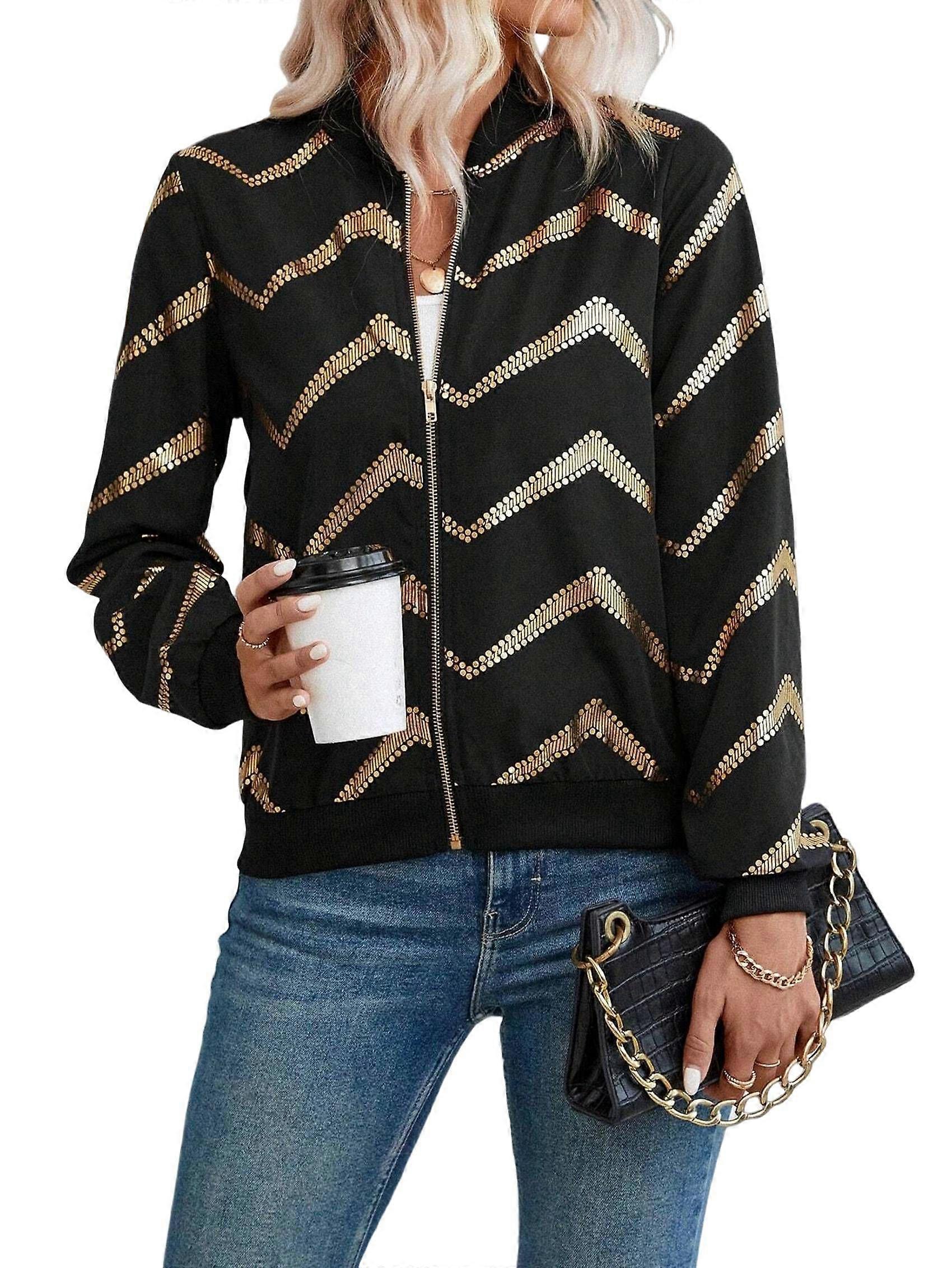 Female Jacket Casual Coat Zip Up Spring Fall Clothes with Pockets Black M