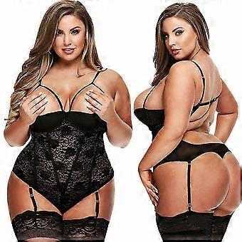 Plus Size Women's Sexy Open Bust Bodysuit with Garter and 1/4 Cup Design for Nightwear