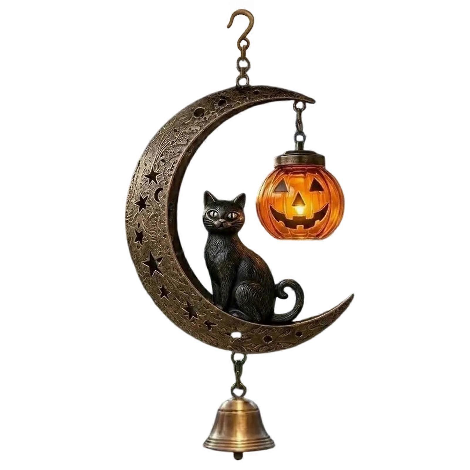 Gothic Cat on Crescent Moon Wind Chime with Pumpkin Lantern