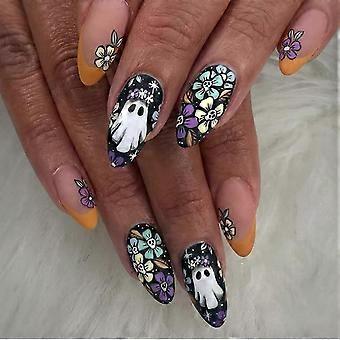 Halloween Matte Almond Press On Nails 24Pcs, Orange Black Ghost Design Medium Length