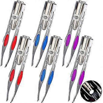 6 Pieces Light Tweezers, Stainless Steel Tweezers With Led Light,keup Eyelash Eyebrow Hair Removal Tweezers(red, Pink, Dark Blue)