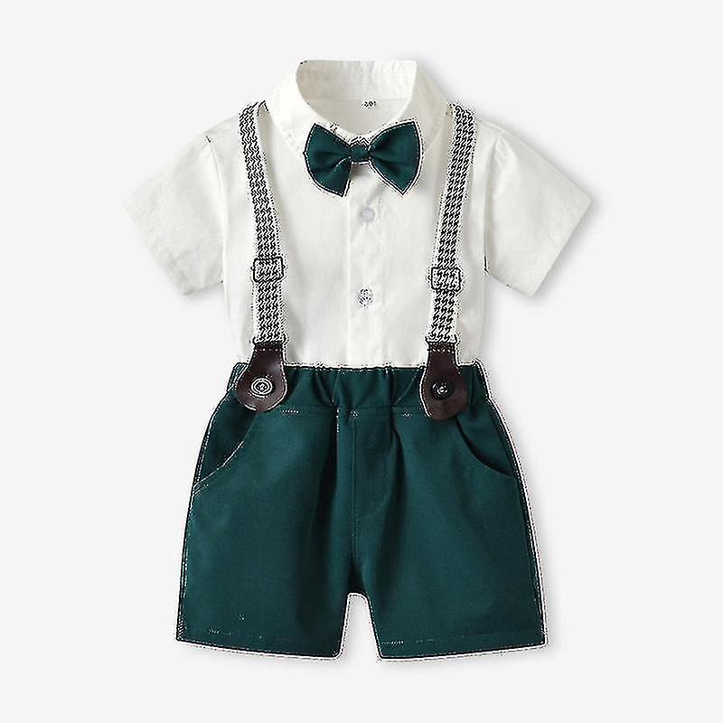 Çocuklar Yaz Bebek Erkek Resmi Takım Elbise Beyefendi Papyon Tulum Askılar Şort Kollu Gömlek 2 Parça, Koyu Yeşil Yüksek Kalite