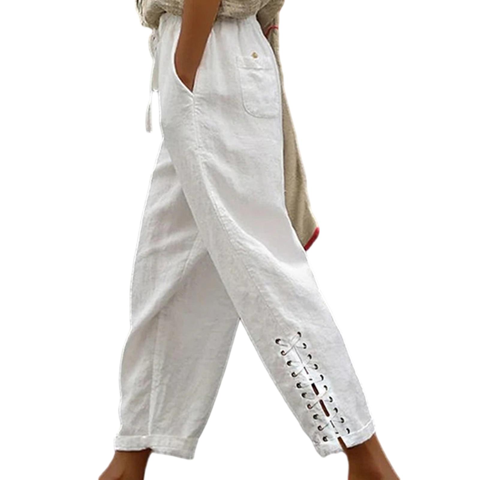 Mid-rise Elastic Waistband Casual Pants Drawstring Pockets Bandage Cuffs Summer Solid Color Women Pants Streetwear