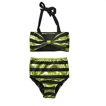 Veeki Infant Baby Girl Bikini Set Shiny Stripes Swimsuit Kids Halter Tops High Waist Shorts Bathing Suit Beachwear, 6-12 Months, Green