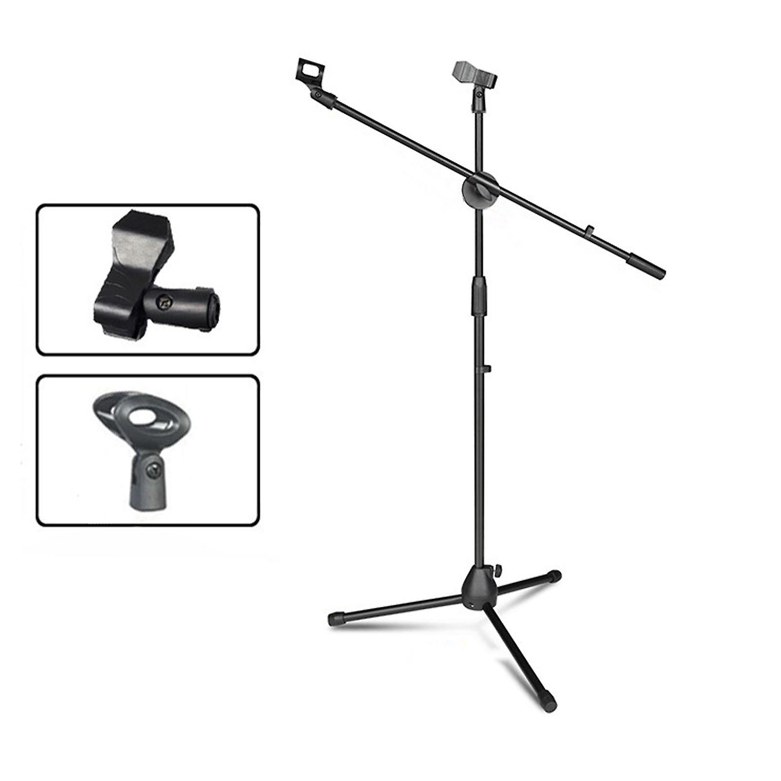 Microphone Stand Adjustable Mic Floor Tripod with Clip for Singing Stage Performance Dual Microhphone Clip