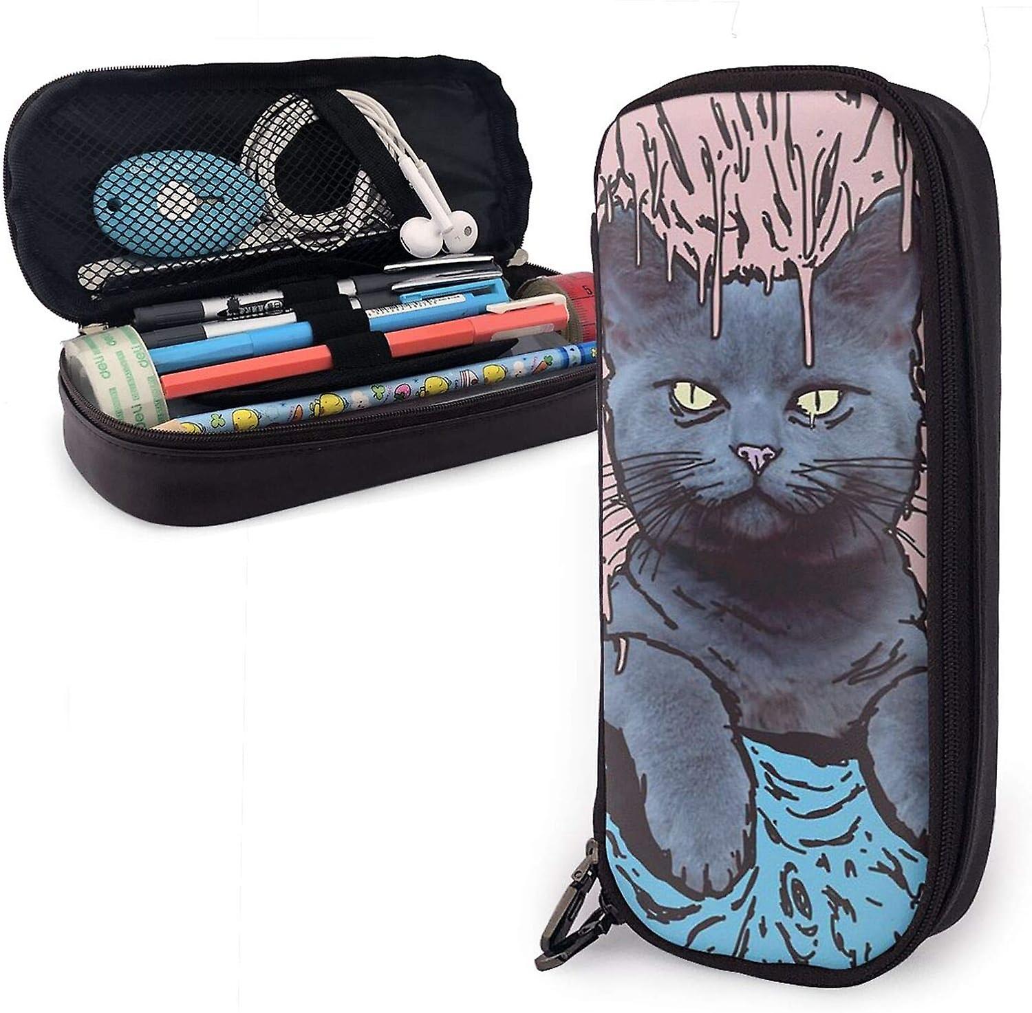 קריקטורה חמודה חתולים מצחיקים מקרה עיפרון קיבולת גדולה עט אחסון תיק מחזיק שקית קופסת נייר מכתבים מעור מארגן עם רוכסנים לציוד משרדי לבית הספר