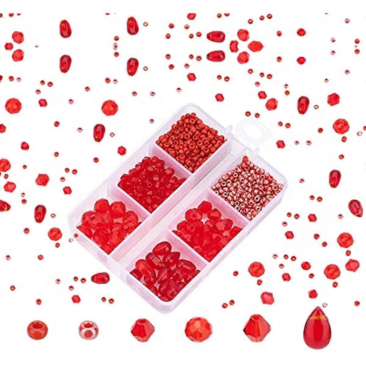 1000+ Red Glass Beads Kit Seed Bicone Imitation Jade Beads Charms Loose Beads Glass Spacer Beads with Elastic Crystal Thread Needles and Tube for Vale