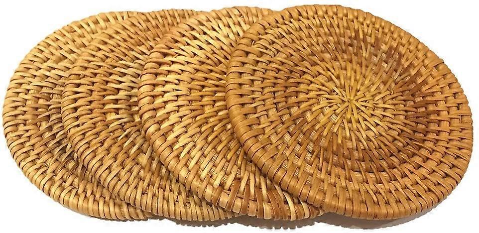 Set Of 4 Handmade Rattan Coaster, Round Wicker Drink Sets