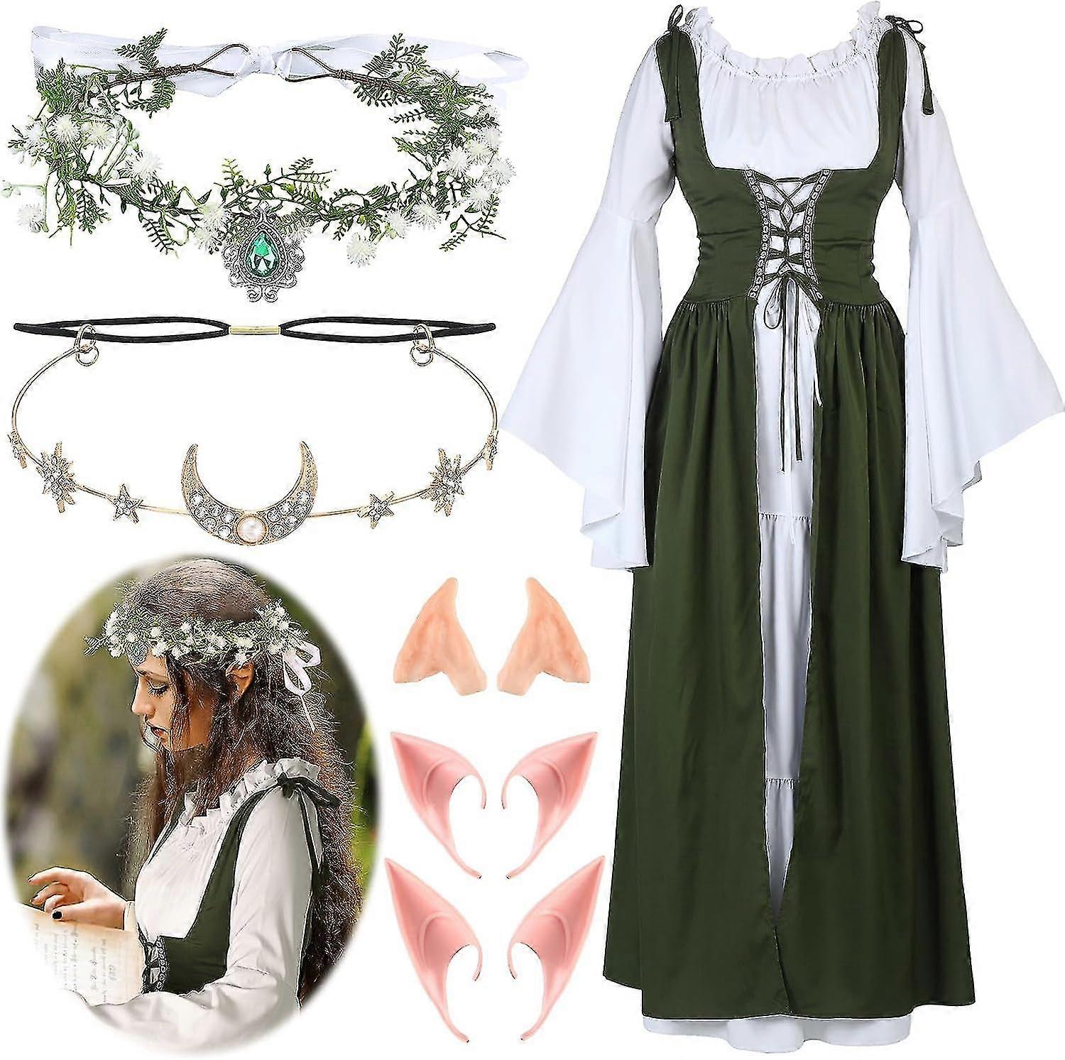 Mulheres Vestido Renascentista Traje Medieval Mulheres Com Orelhas de Elfo, Corrente de Cabeça de Lua e Coroa de Fadas da Floresta Para Halloween SHZNV