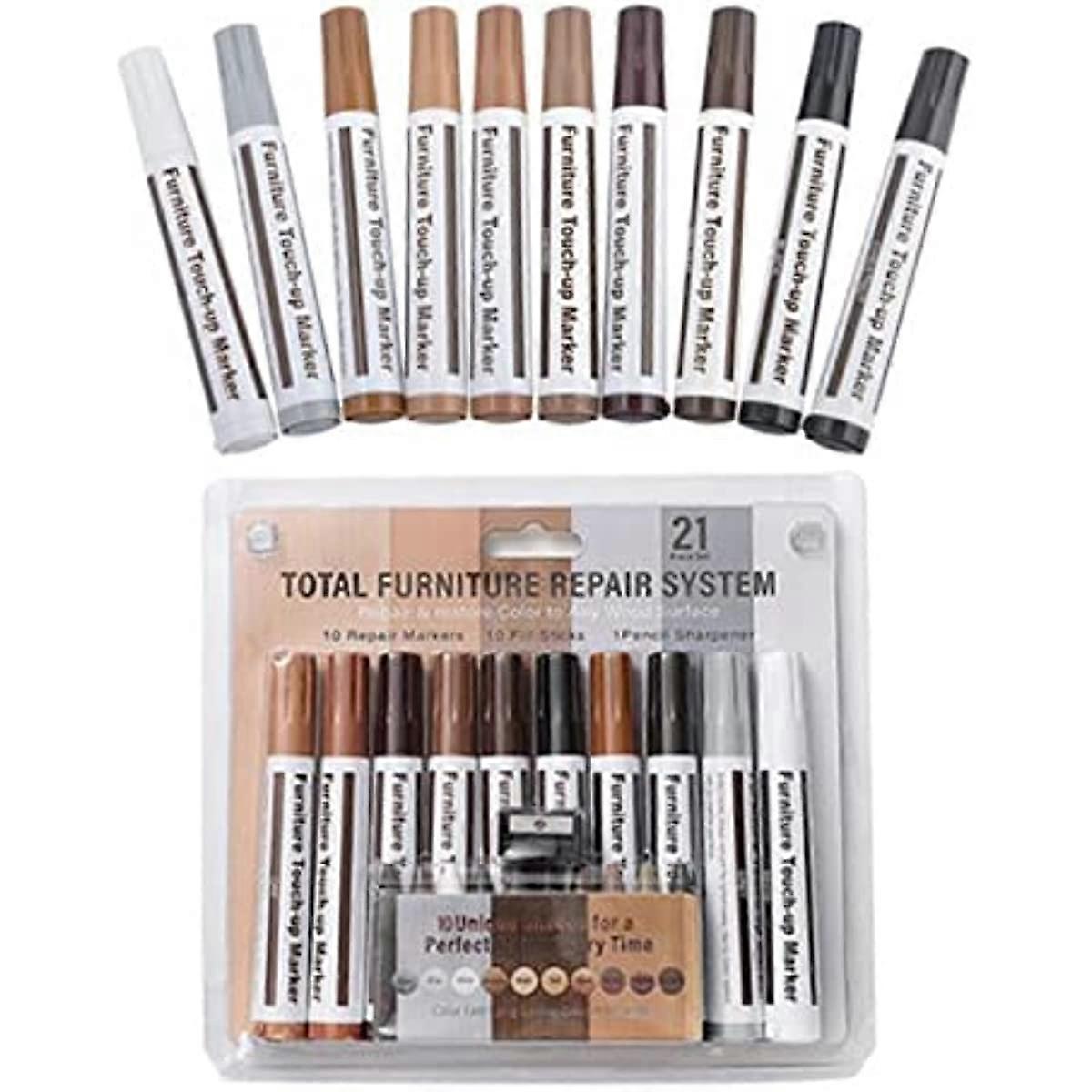 Furniture Repair Kit Wood Markers for Scratches Set of 21 Pieces Markers and Wax Sticks with Sharpener Kit Felt Tip Wood Markers for Tables Carpenters