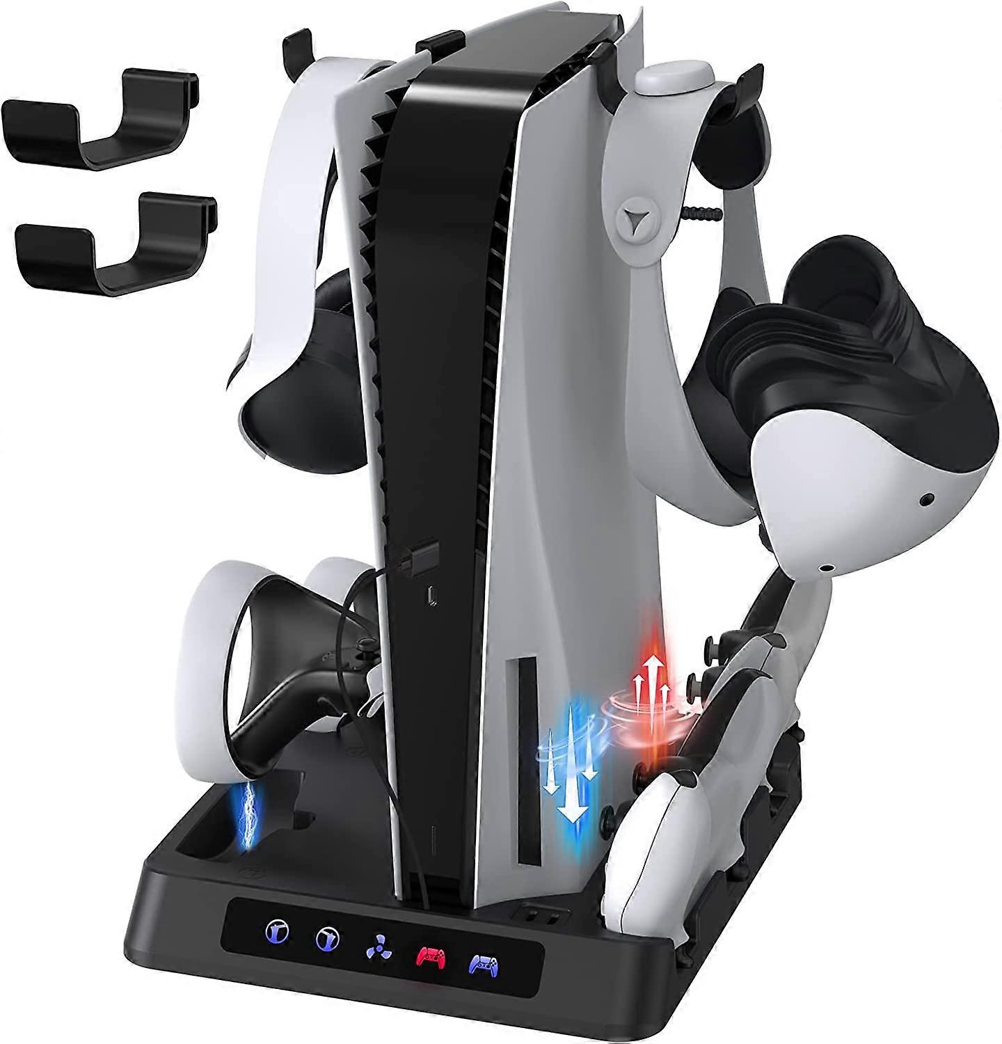 Charging Stand for PS5 and PS VR2, Vertical Stand with Cooling Fan and Dual Controller Charging Station, with PS VR2 Headsets Holder