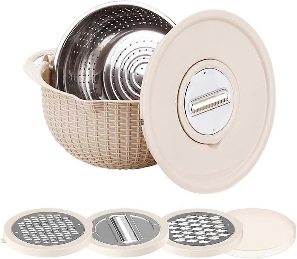 Double-layer Rotatable Colander Bowl Set with Slicer, 4-in-1 Stainless Steel Colander Plastic Washing Basket Mixing Bowl Vegetable Slicer
