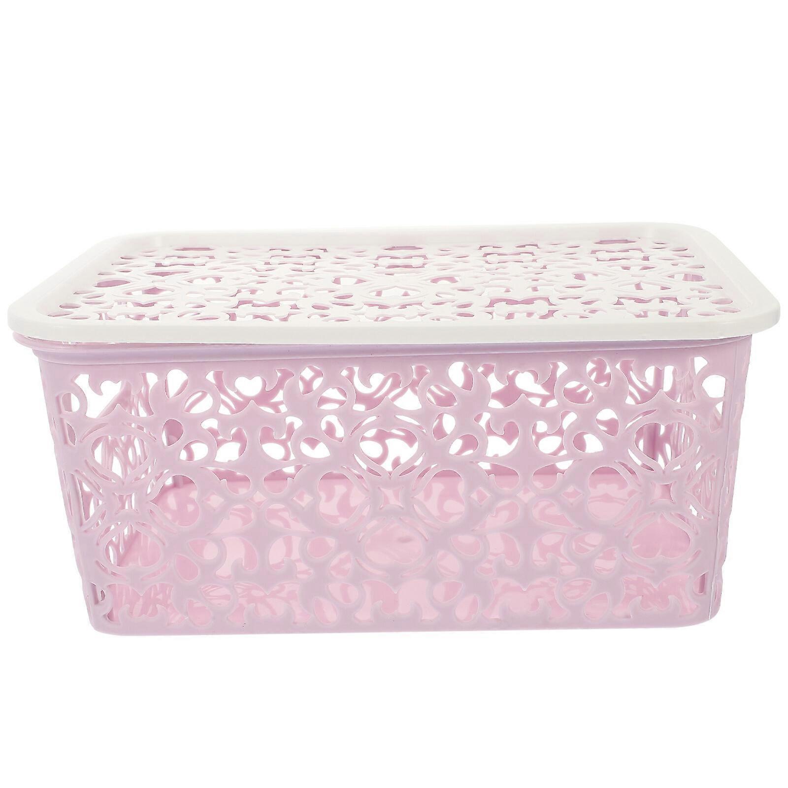 Stackable Plastic Storage Box Hollow Out Delicate Retro Pattern Storage Basket with Lid for Clothes Cosmetics Papers Toys - Small Size(Purple)